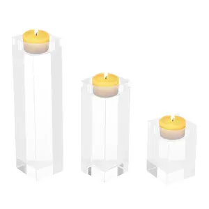 Set of 3 K9 Crystal Glass Square Candle Holders Clear Tealight Holders for Wedding Christmas Party Home Decor Table Centerpiece
