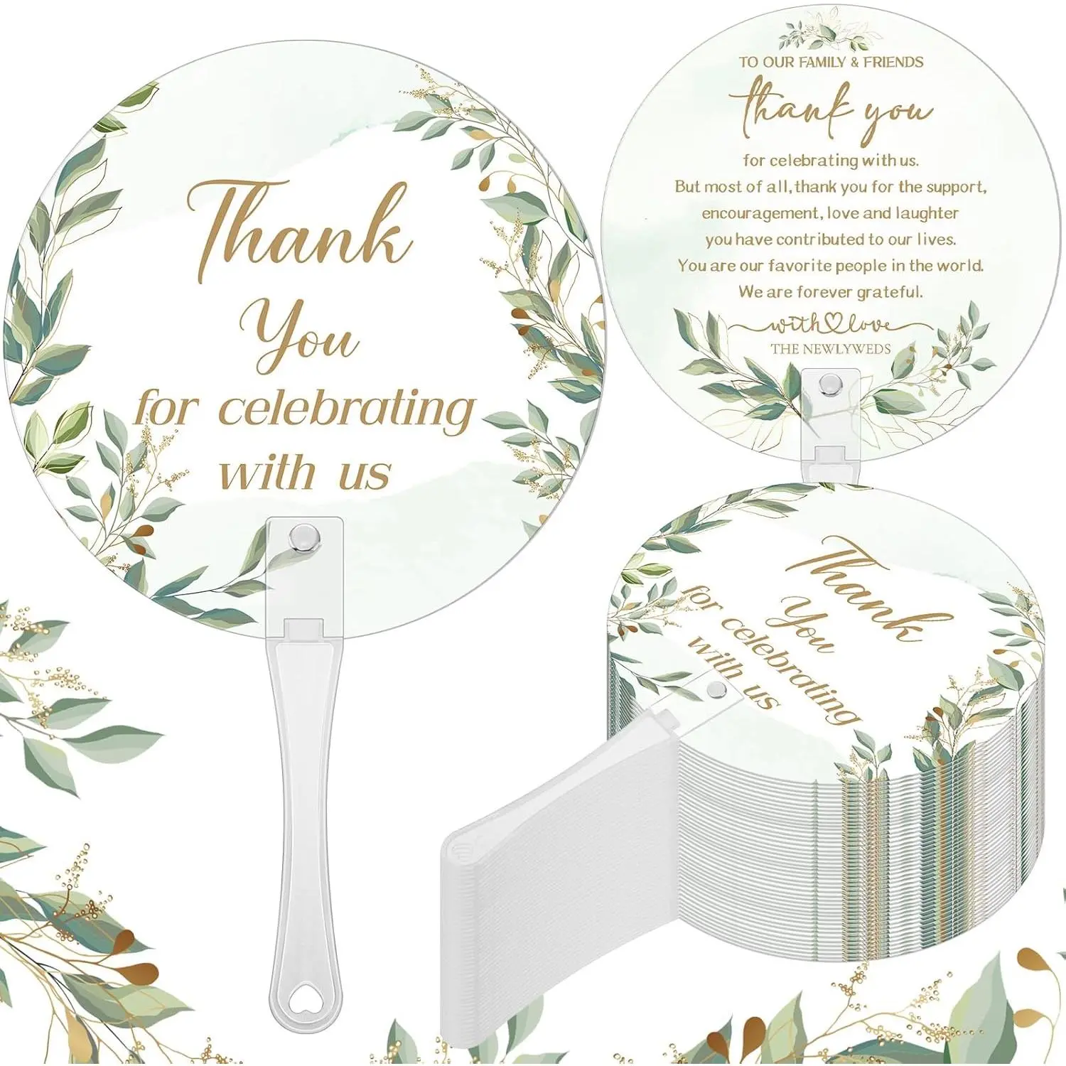 100 count Wedding Hand Fans for Guests Bulk Decorative Plastic Handheld Wedding Favor Fans with Handle Thank You for Celebrating with  for Ceremony Bridal Shower Party Decor(Leaf)