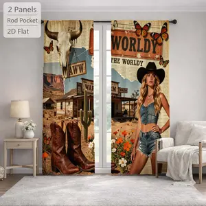2Pcs Western Style Wild West Cow Skull Cowboy Boots Desert Cactus Sun Blocking Curtains Digital Printed Rod Pocket, Window Treatment For Bedroom Office Kitchen Living Room Study Home Decor