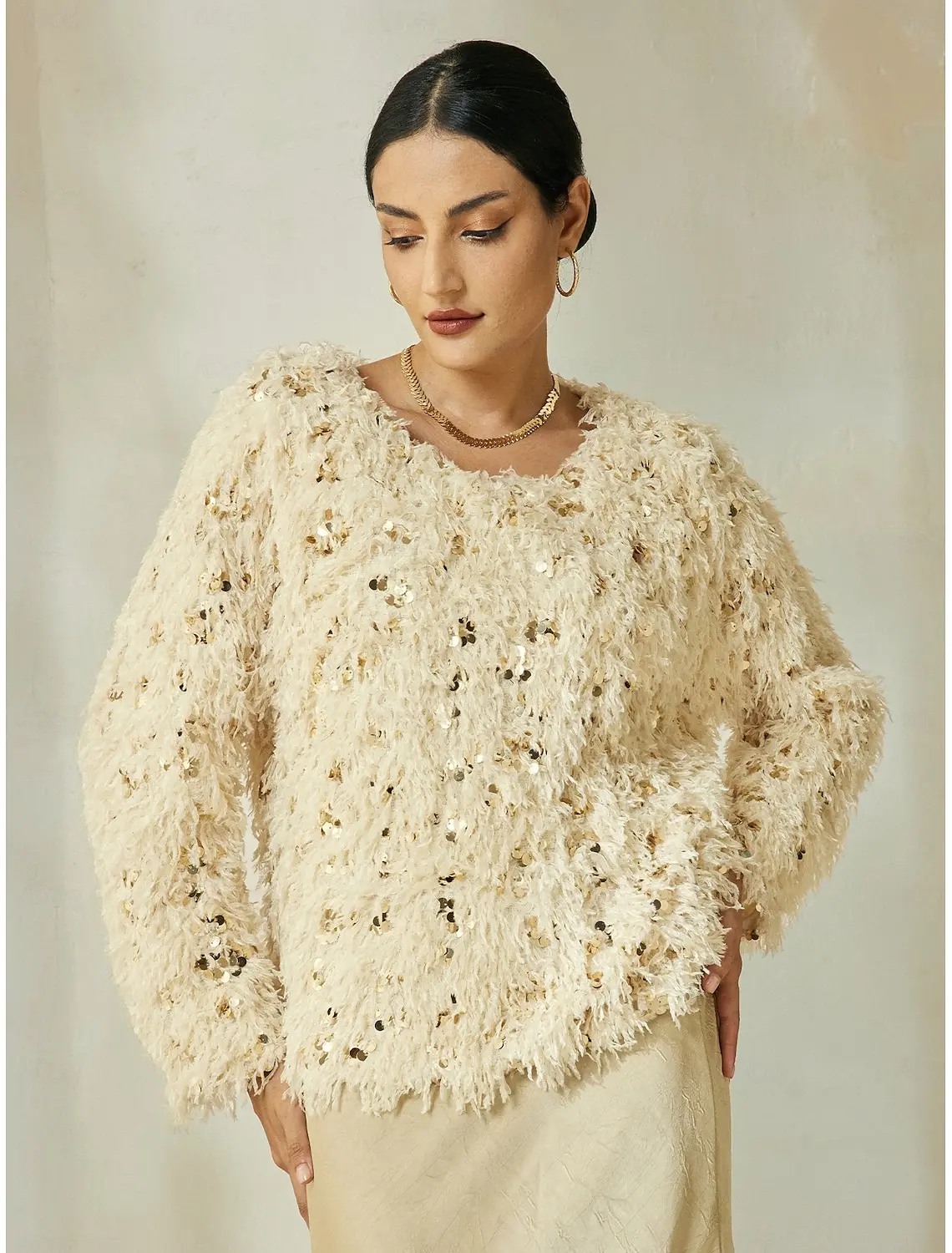 ADOR Apricot Sequin Feather Crew Neck Blouse