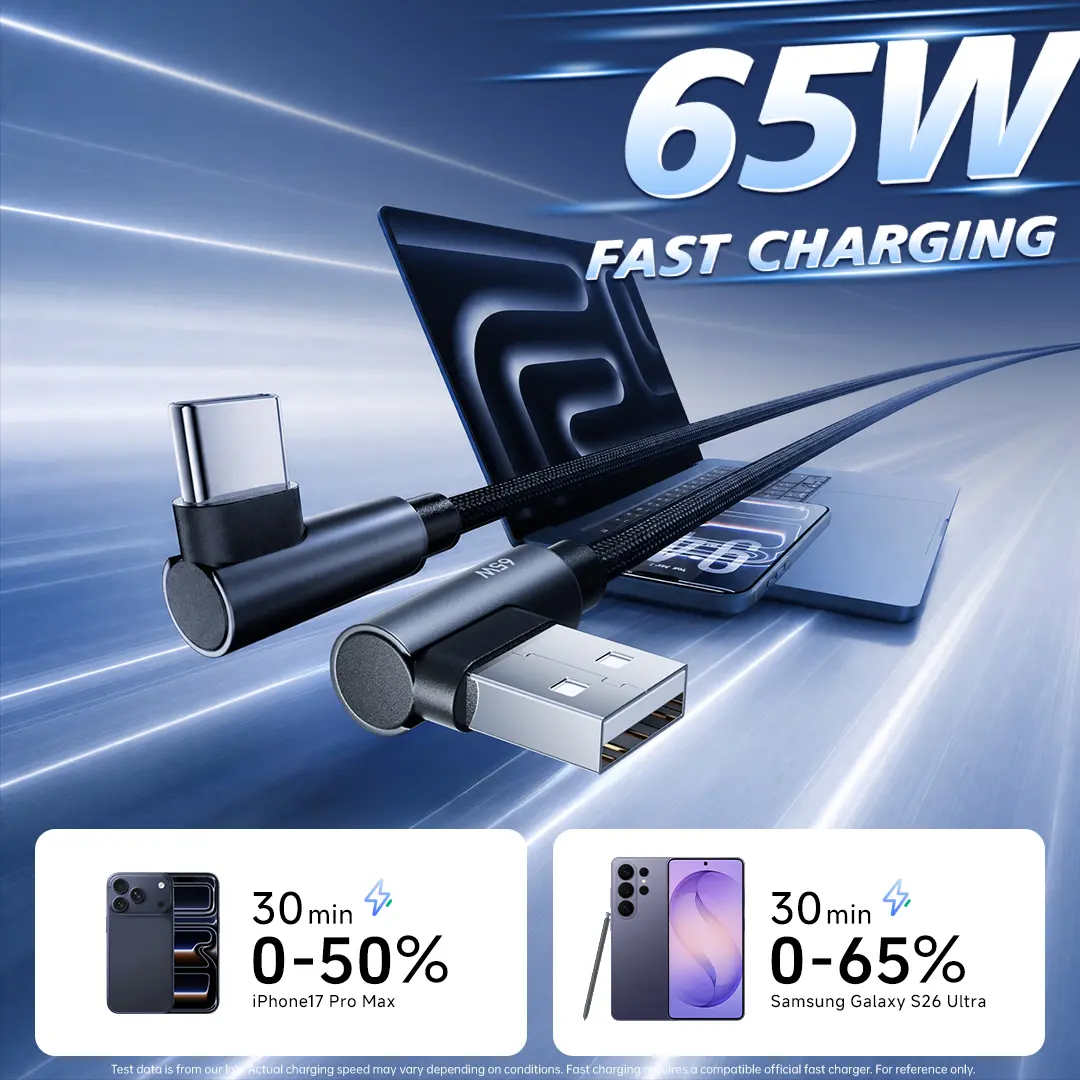 10FT USB-A to USB-C Fast Charging Cable, Up to 65W Dual 90° Right-Angle Type-C Charger Cord, Braided Cable Compatible with iPhone 17/16/15 Series, Samsung Galaxy, Pixel, iPad, MacBook, Laptops & Nintendo Switch
