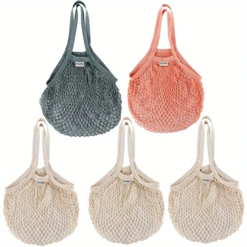 Netted Reusable Mesh Grocery Bags - 5 Pack Washable Cotton String Casual Shopping Bags, Long-Handle Produce Totes, Lightweight Breathable Foldable Compact for Farmers Market, Travel, Picnic, Casual Shopping Bag