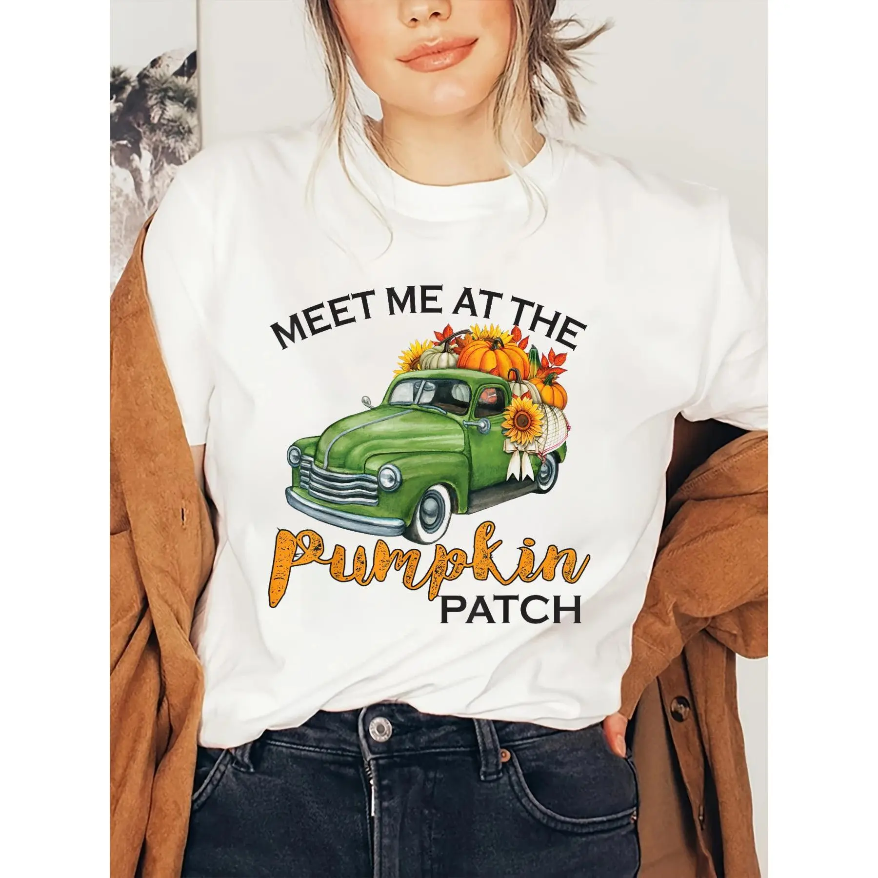 100% Cotton Halloween shirt Meet Me At The Pumpkin Patch Pickup Fall Thanksgiving Xmas T-Shirt fall women clothes