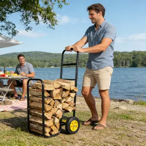 Firewood Log Cart Carrier - Outdoor or Indoor Black Steel Wood Rack Storage Mover - Rolling Wheeled Metal Dolly Hauler - Wood Moving Equipment