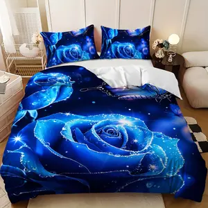 Bedding 3-piece set - 3PCS,Spring Happy Blue Rose Blue Butterfly Design Down Comforter Set (1 comforter cover + 2 pillowcases, filling not included) soft and comfortable, suitable for family bedrooms.