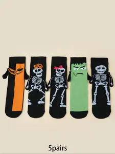 5pairs Fashion Skeleton Pumpkin Hand in Hand Socks Fun, Comfortable, and Casual Mid Tube Socks Suitable for Couples to Wear at Halloween Parties