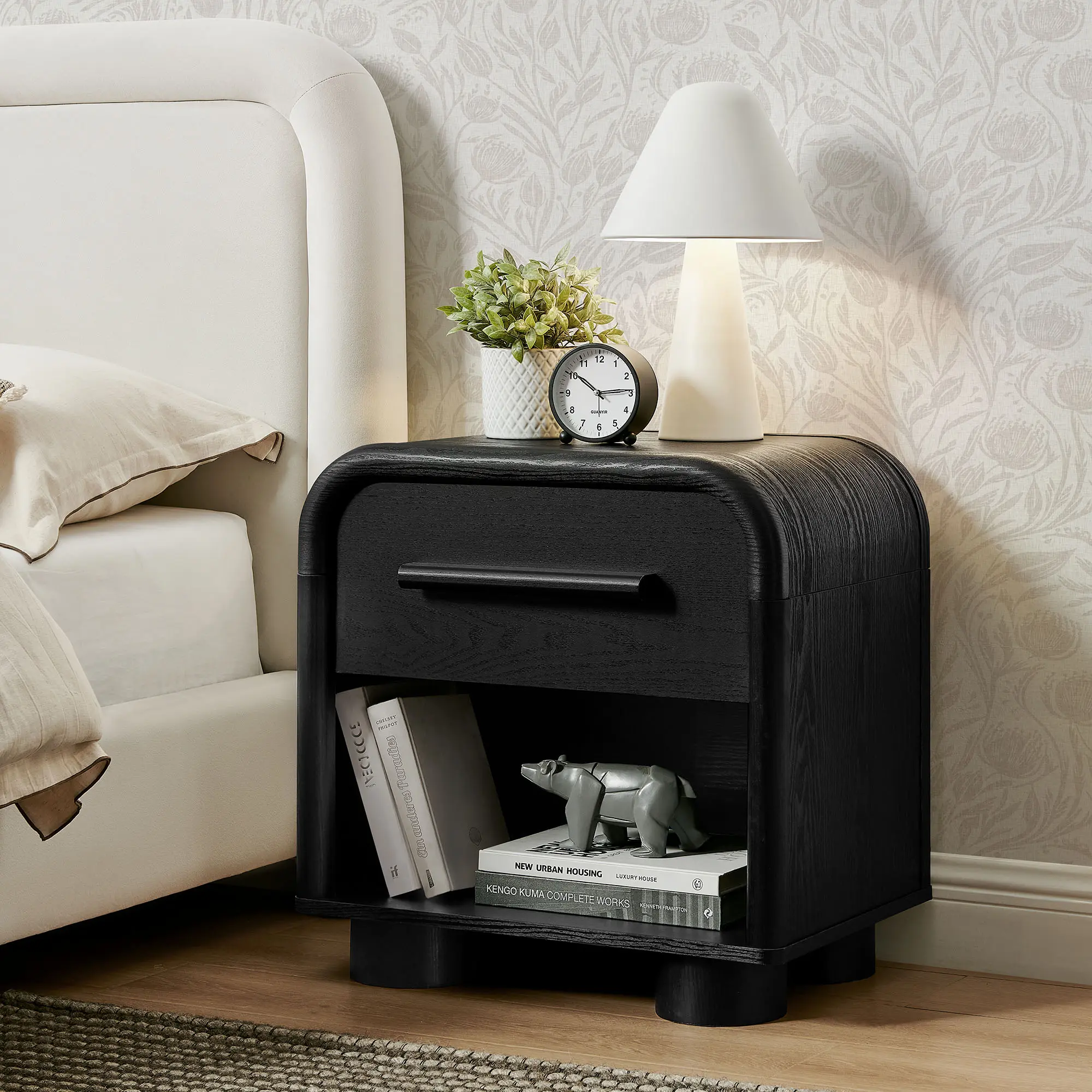 Bellamy Curved 1-Drawer Nightstand in Black Oak