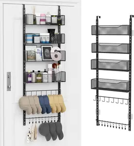 Over the Door Organizer, 2 in 1 Metal Hanging Closet Organizer & Hat Rack with 4 Adjustable Baskets, 8 Hooks, 10 Clips, Behind The Door Storage for Bedroom, Bathroom, Entrance, Closet, Kitchen, Black,White