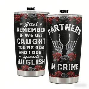 Funny Best Friend Gift 20oz Tumbler, Partners In Crime Travel Mug, If We Get Caught Meme Cup, Skeleton Hands Roses Design, Birthday Present for Bestie Sister, Vacuum Insulated