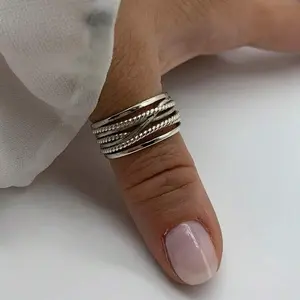 Adjustable Open Silver Ring with Multilayer Twisted Rope Design, Classic Wide Band Jewelry for Men and Women, Daily Wear, Party, Dating and Gift