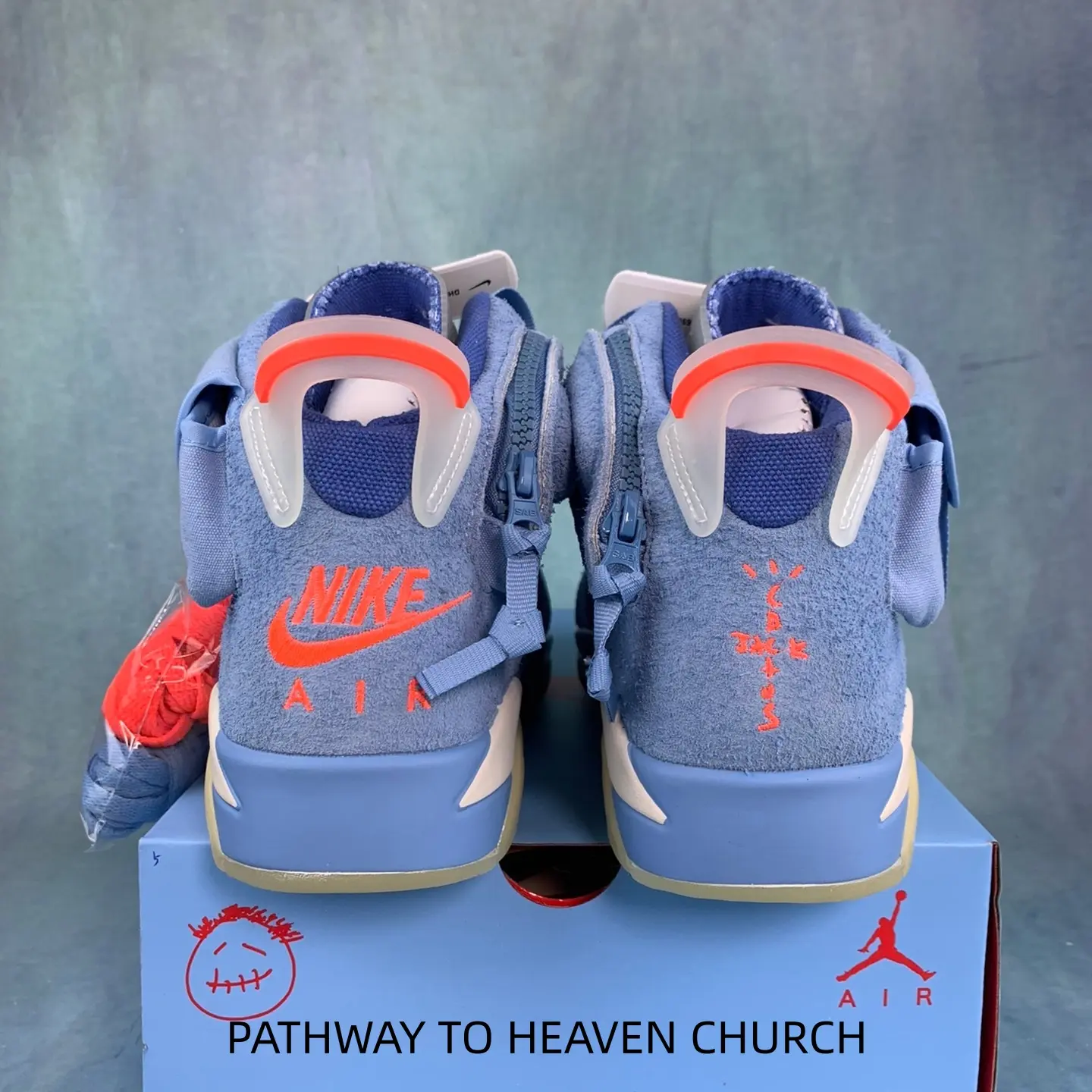 Light Blue Suede High Top Basketball Sneakers For Men Women, Side Pocket Design, Orange Red Accents, Cream Rubber Outsole, Padded Ankle Fashion Street Athletic Trainers