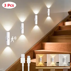 3Pcs Smart Body Sensor LED Night Light with USB Charging, Adjustable Brightness & Color Temperature - Dynamic Sensor Wardrobe Light for Hallway, Closet, Bedroom, Bedside - Stair Light Can Be Posted Anywhere