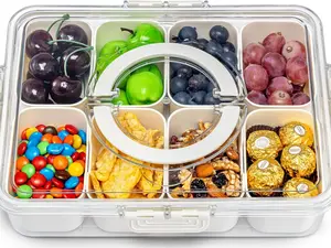 Divided serving tray with lid and handle — snack box/charcuterie container for portable snack platters — clear organizer for candy, fruits, nuts, snacks — perfect for parties meal prep compartment Stackable Airtight