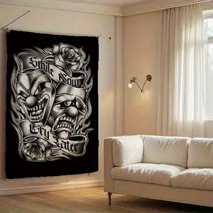 Stylish Clown Face & Roses Tapestry - "Smile Now Cry Later" Motif, Black & White Artistic Design, Soft Polyester Wall Hanging For Living Room, Bedroom, Dorm Decor - Modern Artistic Home Accent
