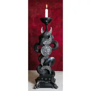 Wicca Triple Moon Pentagram Insignia Black Viper Snake Taper Candle Holder Decor