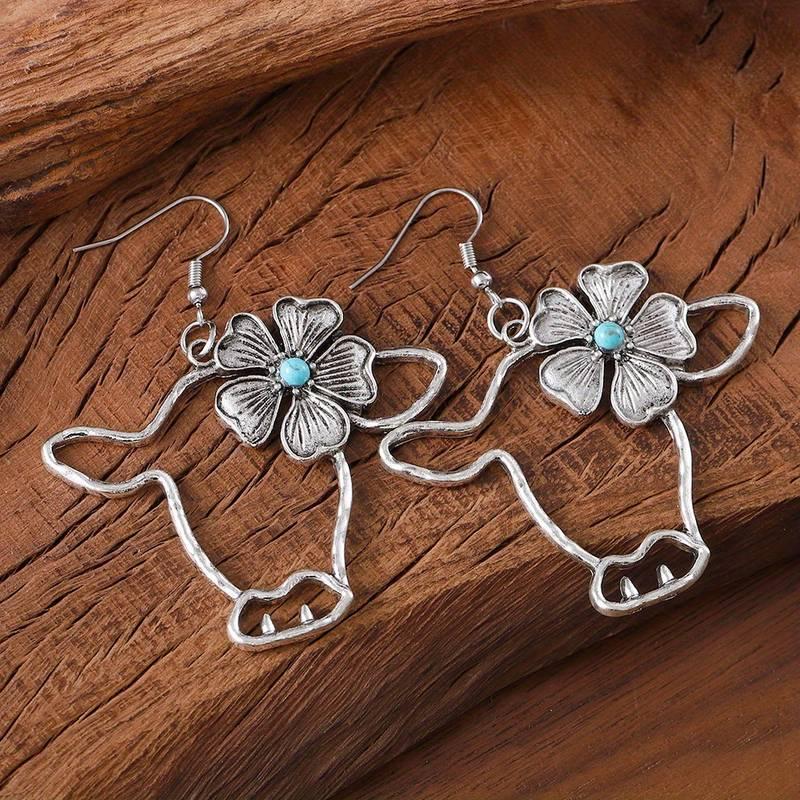 3pcs Scottish Highland Cow Jewelry Set for - Turquoise Stone Scottish Cow Pendant Necklace & Earrings, Hollow Cow Cattle Head Charms, Boho Western Accessories, Year-Round Scottish-Themed & Parties