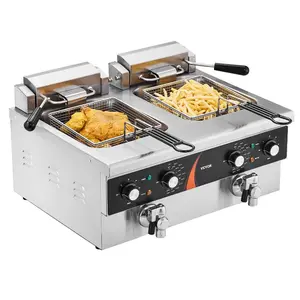 Commercial Deep Fryer, Dual Tank 3500W Electric Countertop Fryer, 2x 9Qt/ 8.5L Double Oil Fryer with 2 Baskets, 1mm Thickened Stainless Steel, Time Temp Control, for Kitchen Restaurant Use