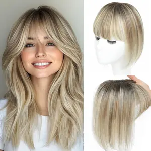 Glueless 360° Full Coverage Real Human Hair Topper with Bangs, 3x4.5 Swiss Base 10 Inch Clip-in Hairpiece for Thinning Hair Women