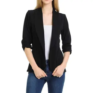 Women’s Lightweight Ruched Sleeve 3/4 Length Work Office Blazer Jacket