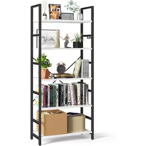 5-Tier Bookshelf - Tall Modern Bookcase for CD/Movie Storage, Rustic Industrial Style Bookshelf Storage Organizer for Bedroom/Home Office/Living Room, White