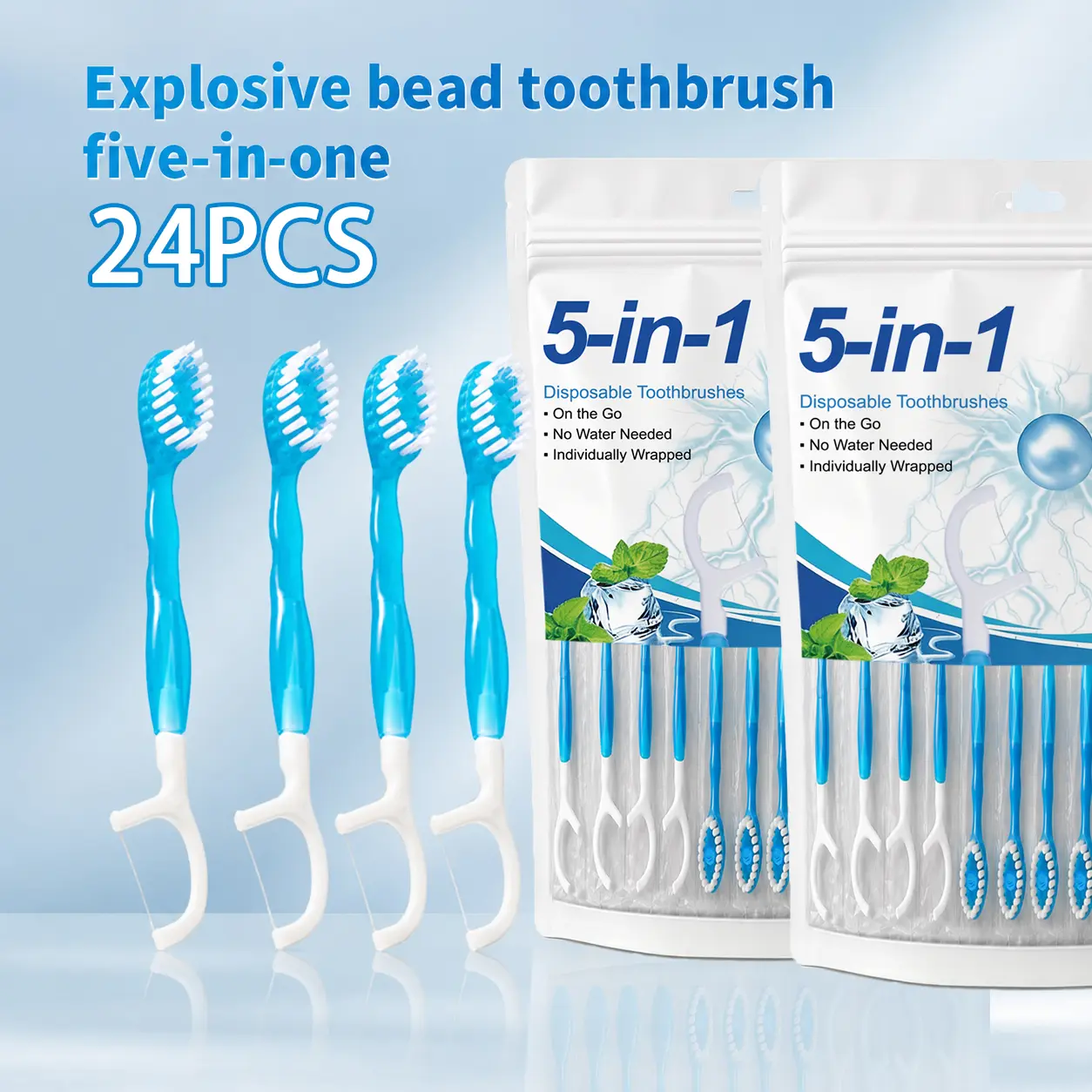 Welsunde 5-in-1 Disposable Travel Toothbrushes Teeth Cleaner Kit - No Water Needed, Individually Wrapped, Built-in Cleaning Beads, Nylon Bristles, Oval Tip, Lightweight, with Dental Floss & Tongue Scraper, Fresh Mint for On-the-Go Oral Care