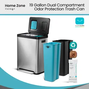Home Zone Living 19 Gallon Stainless Steel Dual Trash and Recycling Can with CleanAura Odor Control and Soft Close Lid