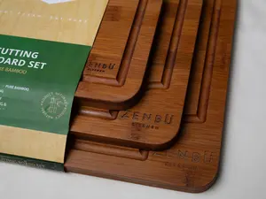 Zenbu Kitchen Bamboo Cutting Board Set - 3-Pack Dark Bamboo, Sustainable & Durable, Water & Odor Resistant, Juice Grooves, Knife-Friendly, Reversible Design, 15"x10", 12"x8", 9"x6"
