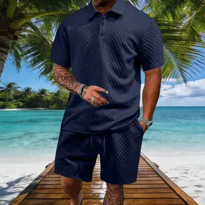 Men's summer casual texture fabric solid color polo shirt T-shirt shorts 2-piece set, loose fit suitable for casual sports, breathable and cool, essential summer outfit, comfortable and versatile  Menswear Plain