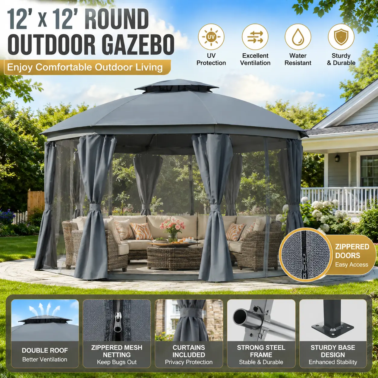 Round Outdoor Gazebo 12x12 Patio Dome Canopy Shelter with Double Roof Netting Sidewalls and Curtains Heavy Duty Steel Frame Luxury Garden Pavilion Inside House Extension Backyard Clearance Grey