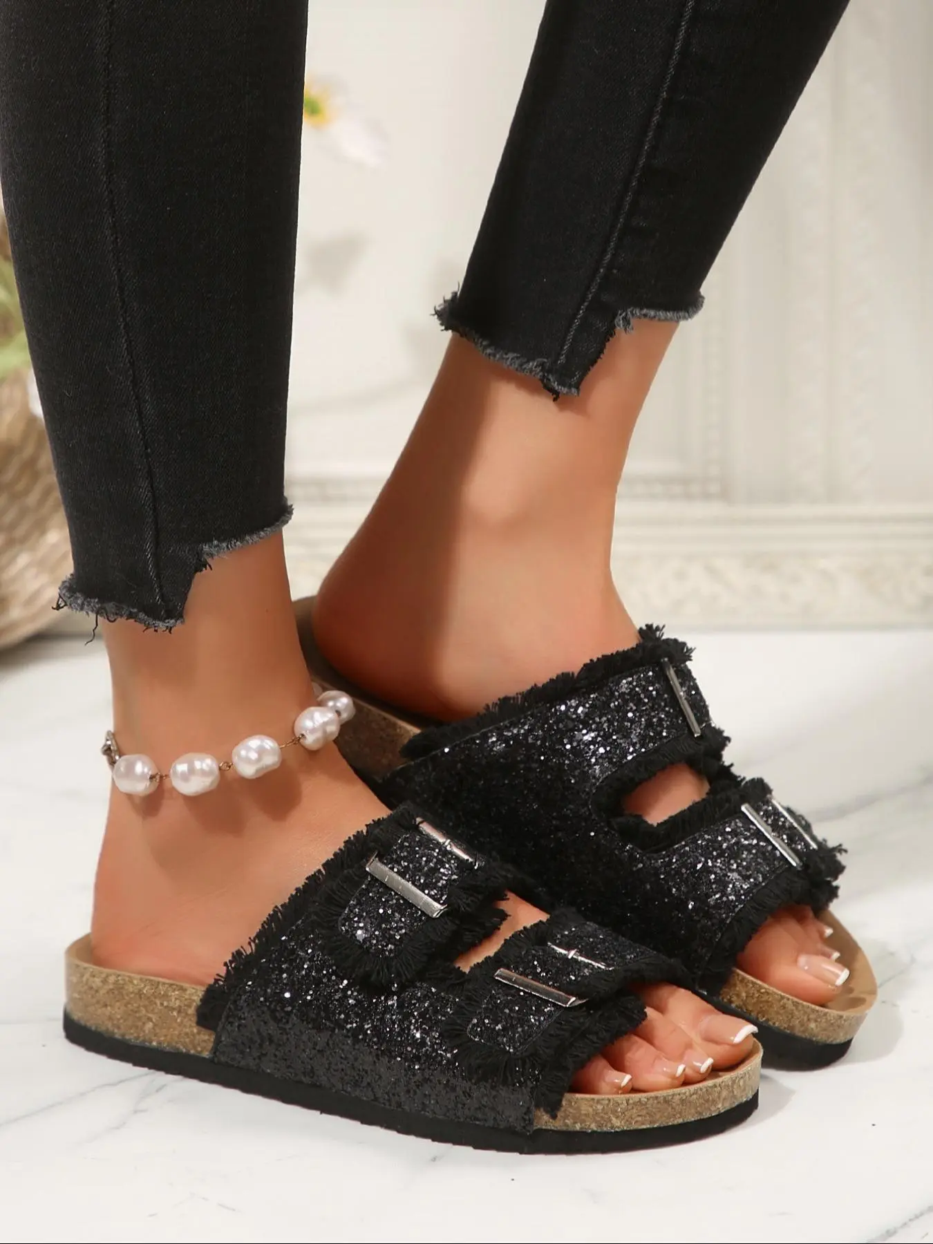 Women's Glitter Decorated Platform Sandals, Casual Trendy Sandals, Casual Adjustable Ankle Strap Wedge Sandals for Summer, Lightweight Breathable Comfortable Shoes for Daily Wear, Girl, Footwear Strap Slides, Buckle Decorated Slides, Fashionable Sandals