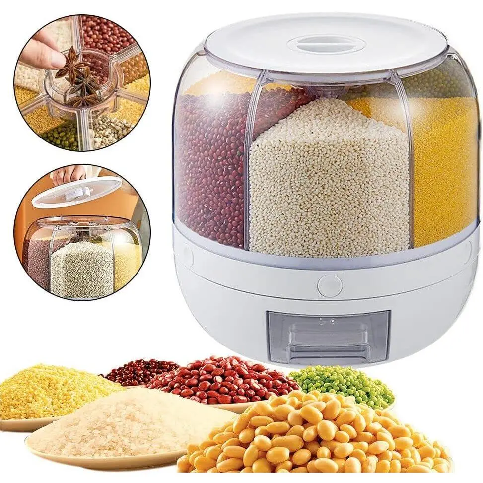 Grain Storage Container Dispenser, 6 Grids Rice Dispenser Rotating, 360°   Rotating Food Dispenser One-Click Output Rice Storage Round Grain Dispenser Kitchen for Small Grains, Beans, Rice