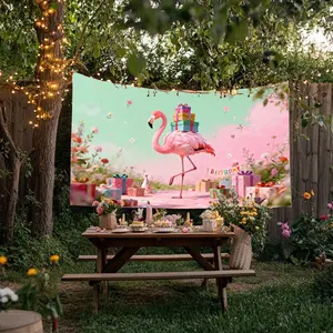 Banner, 1 Pc, Happy Birthday Flamingo with Gifts Backdrop, Size 43.3x70.8 in & 59x82.6 in, Polyester Fabric, Perfect for Birthday Parties, Room and Party Decoration, Outdoor Holiday Decor, 2D Decorative Flag