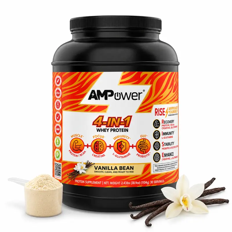 AMPOWER Whey Protein Powder, 2.5 lbs, 30 Servings, 25g Protein, Creatine + BCAAs + Glutamine, Probiotics, Made in USA