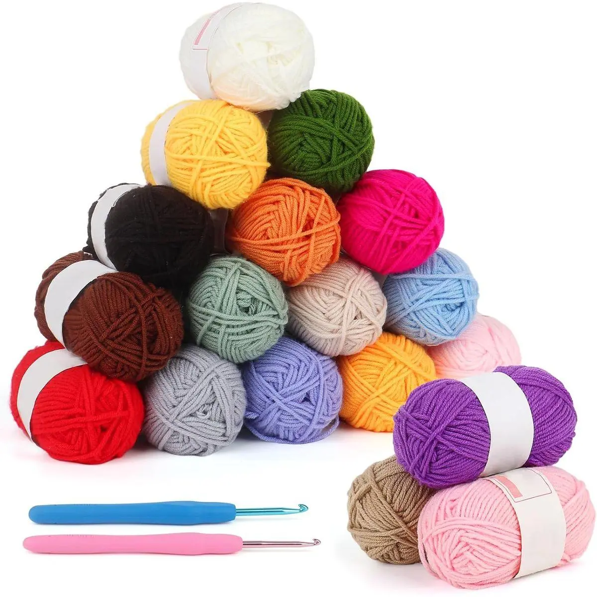 25gx18 Colors Crochet Yarn Pack with Crochet Hooks (3mm+4mm), 1377yd Acrylic Yarns for Crocheting Animal Kit, Multicolor Yarns Set 4ply Soft Yarn Kit for Beginners/Professionals