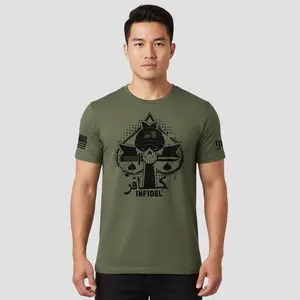 Infidel Short Sleeve Graphic T-Shirt Fitted Crew Neck Summer Tee with Skull Ace of Spades Print & American Flag Vibe Menswear Streetwear Top