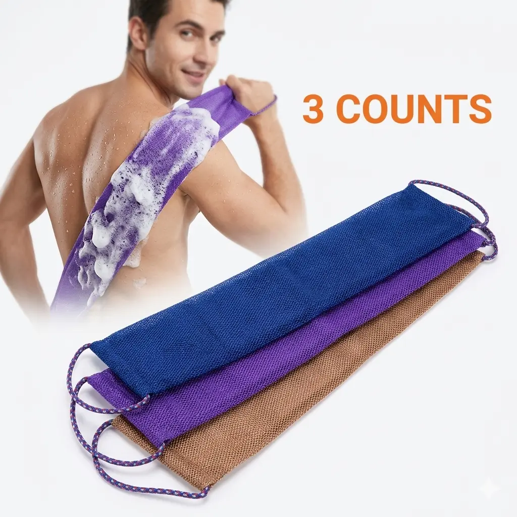 3-Pack Authentic African Mesh Sponges (Knotted) — Exfoliating Body Sponges Suitable for All Skin Types, African Bath Sponges, Face Wash Cloths, Gentle Daily Exfoliating Bath Towels for Women (Blue, Brown, Purple) Smooth