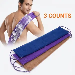Denavio Family Pack: 3 High-Elastic Body Scrubbers in Blue Purple Brown for Gentle Exfoliation and Full-Body Use