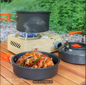9pcs Camping Outdoor Portable Camping Cooking Utensils Set Pot,Frying Boiled Pot Combination With Teapot, Boiling Kettle, Frying Pot, Cooking Stew Pot