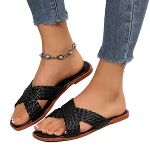 Women's new flat sandals with cross braid and solid color fish mouth sandals