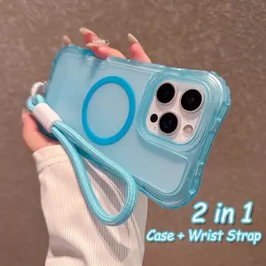Luxury Wrist Strap Lanyard Magnetic Matte Clear Phone Case For iPhone 16 16E 17 Air 15 14 13 12 11 Pro Max 16 Plus Anti Fall Back Cover