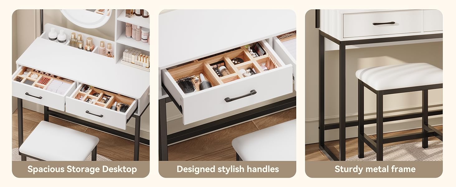 [Summervibes] Vanity Desk with 360° Rotating LED Mirror & Lights, 2 Drawers & 6 Shelves, Dressing Table with Power Outlet & Hair Dryer Holder – Perfect Gift for Her & Bedroom Essential
