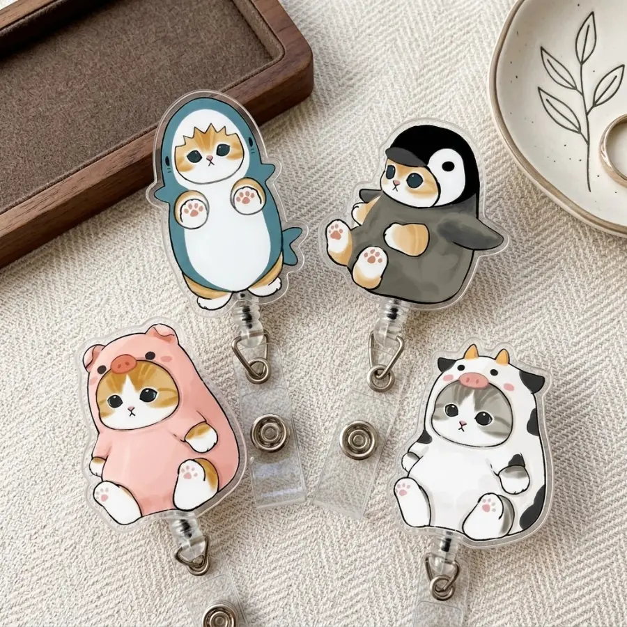 Cute Cat Cosplay Badge Reels - Pig, Shark, Penguin & Cow Costume Retractable ID Holder - Kawaii Acrylic Belt Clip - Fun Animal Gift