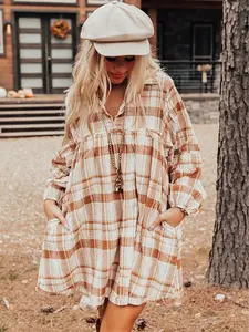 Brown Plaid Print Babydoll Mini Dress