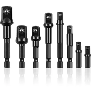 Drill Socket Adapter 8 Piece, Black Impact Sockets Adapter Set Fit for 1/4", 3/8", 1/2" Hex Shank, 5 Different Lengths Socket Drill Adapter, Universal 1/4 Socket Adapter
