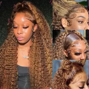 13x6 Deep Wave Lace Front Wigs 30 Inch 4/27 Honey Blonde 200 Density Human Hair Pre Plucked HD Lace Frontal Wig for Women Deep Application Compatible