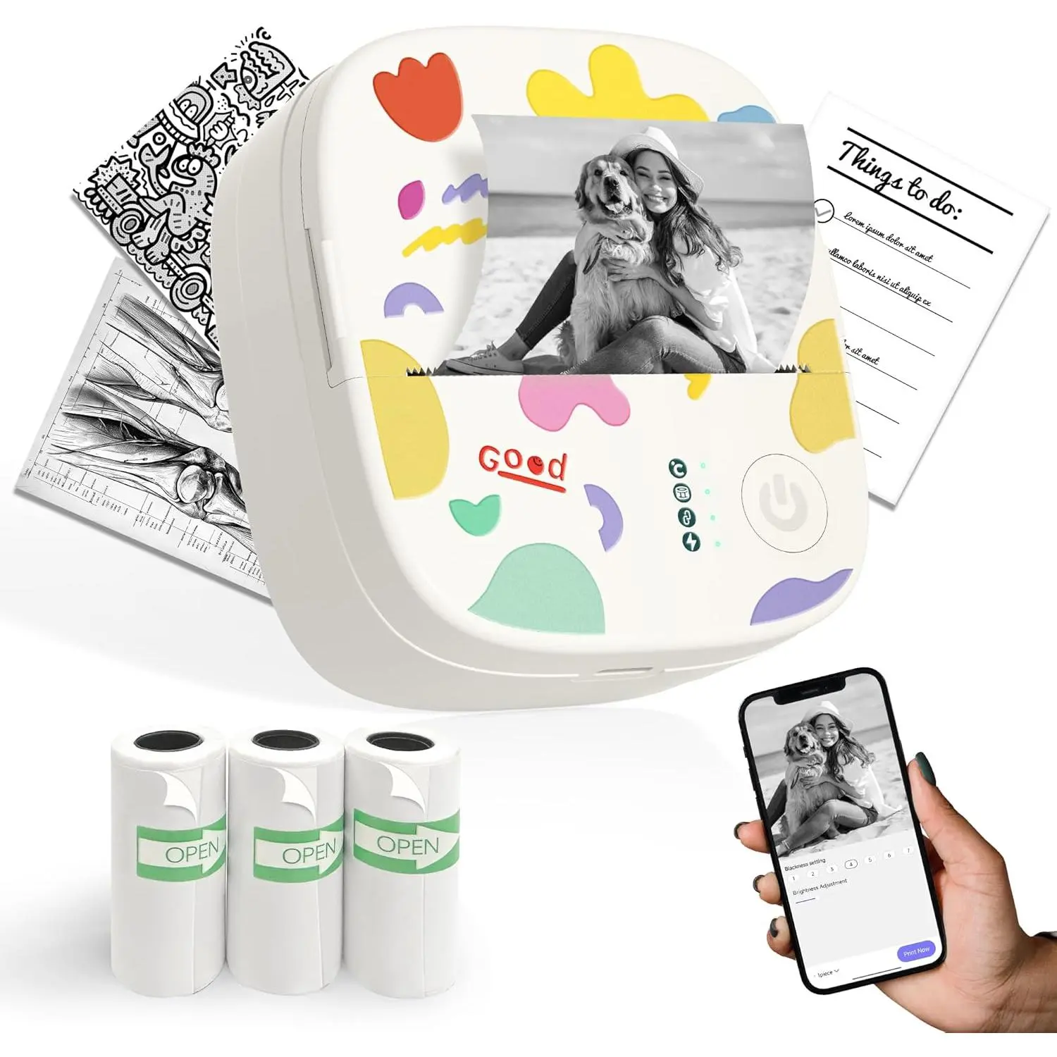 Pocket-Size White Thermal Sticker Label Printer - 3.3x3.1x1.4 in, 0.26 lbs, 203 DPI, Inkless Printpods, 3 Rolls Thermal Paper, iOS/Android Compatible, for Christmas, Birthdays, Diaries, Labels