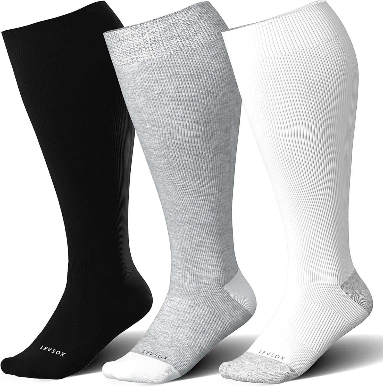 LEVSOX Wide Calf Compression Socks for Women & Men, 15-20 mmHg Knee High Plus Size Socks, Soft Viscose Blend
