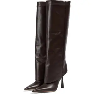 Women's Fold Over Boots - Pointed Toe Stiletto Heel Slip On Knee High Boot Fashion Sexy Dress Boot