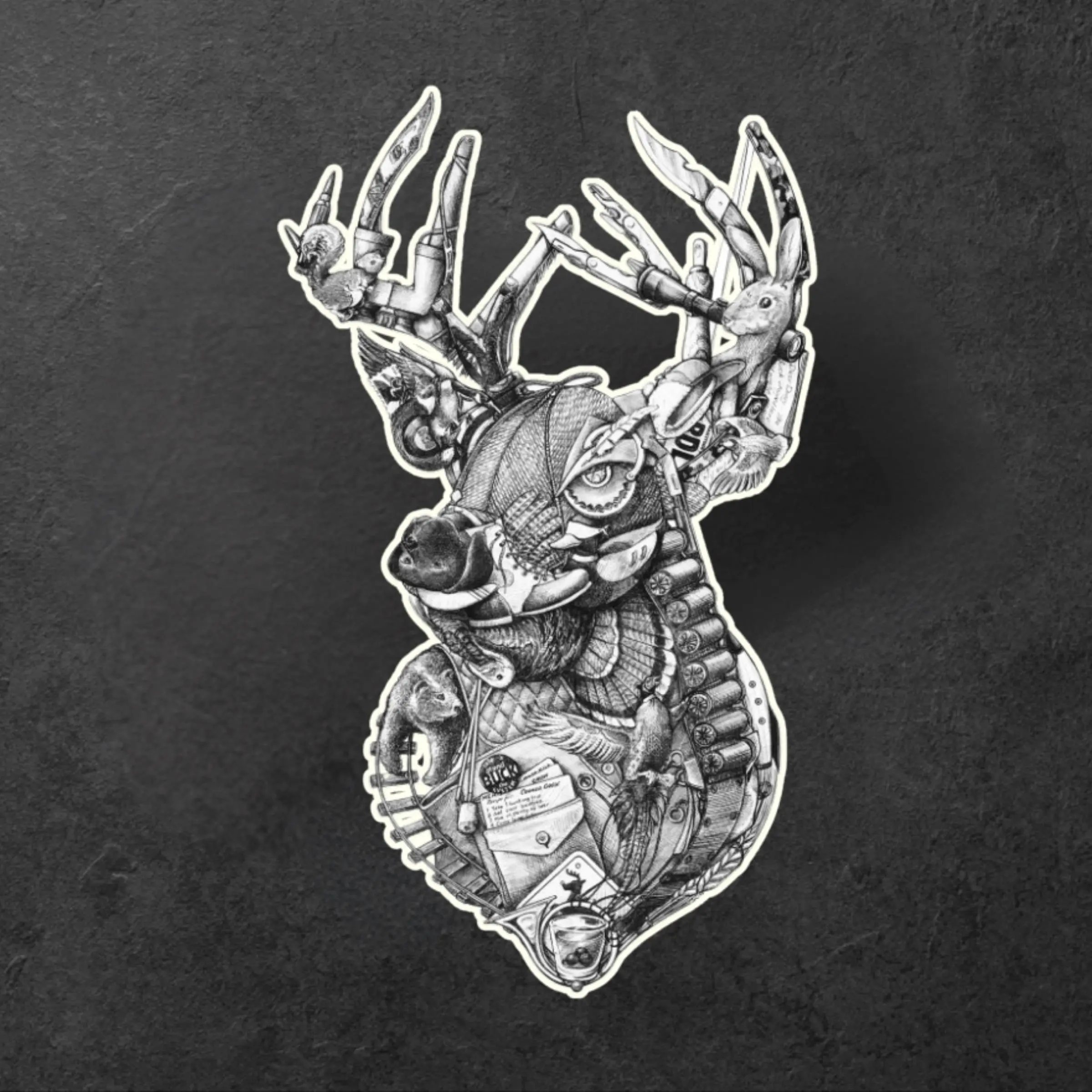 Tactical Survival Deer Head Montage Vinyl Sticker, Outdoors & Hunting Camping Decal, Nature Wildlife Laptop & Cooler Sticker