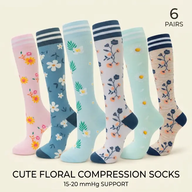 Floral Print Compression Socks - 6 Pairs (15-20 mmHg) for Women | Comfortable, Durable, Breathable Support Socks for Everyday, Running, Travel & Nurses | Cute Flower Print Knee High Socks, Mother's Day Gifts